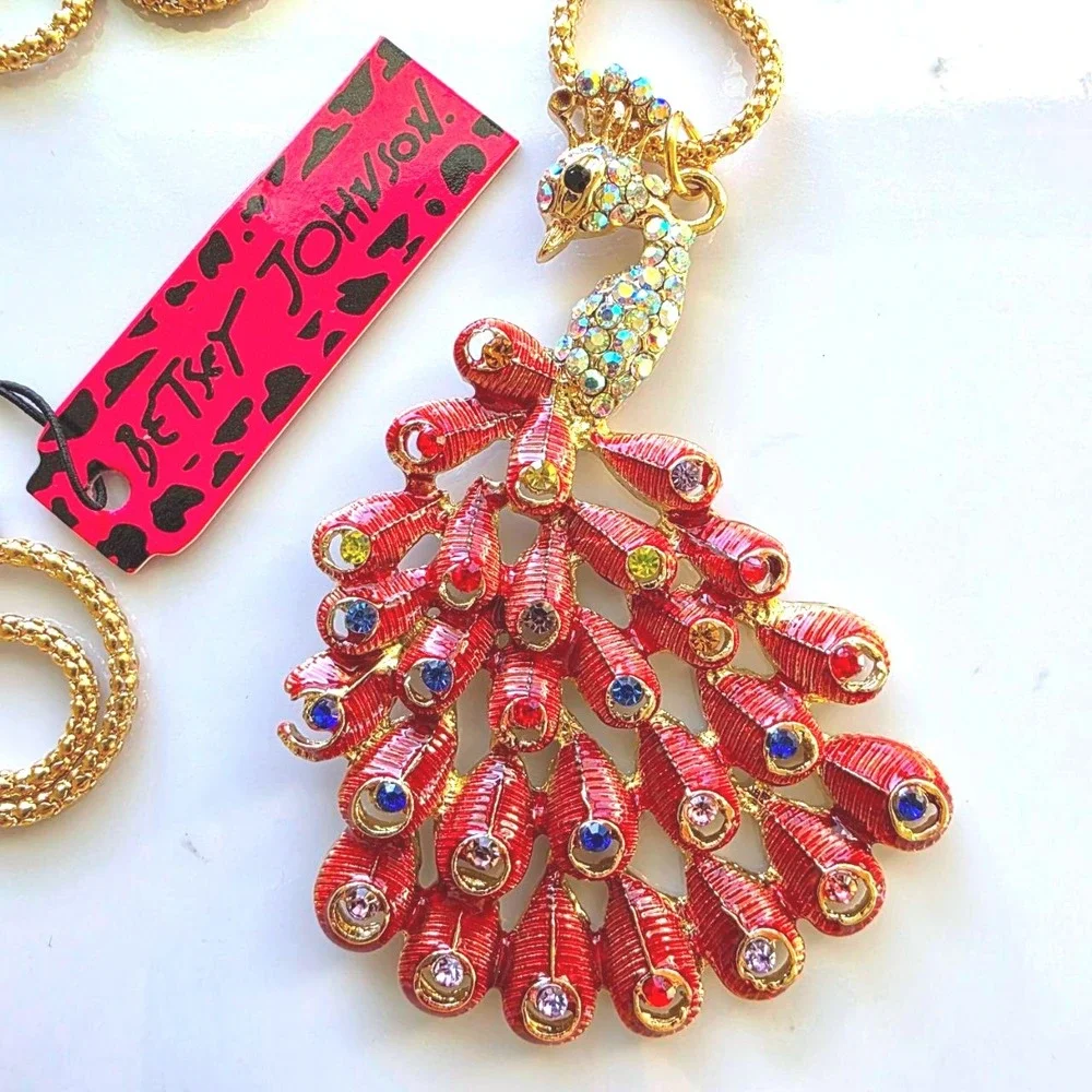 Betsey Johnson Peacock Pendant Necklace Gold-Tone Red Feather Rhinestone‎